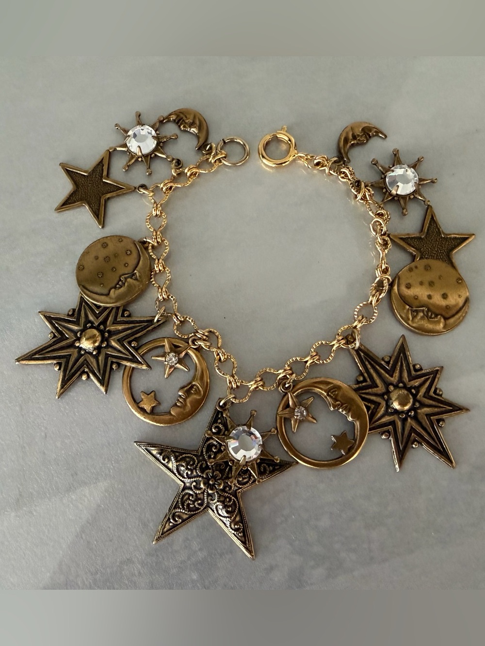Boho Celestial Goldtone Charm Bracelet, Moon, Star, Sun, Rhinestone Bracelet